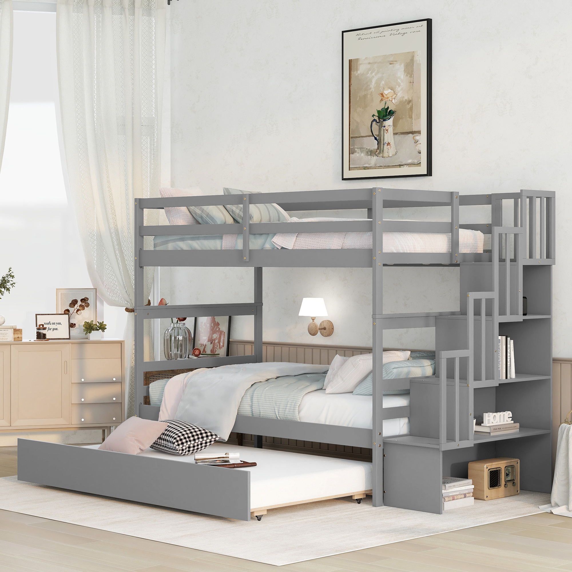 Twin over Twin Bunk Beds With Twin Trundle and Stairway Storage