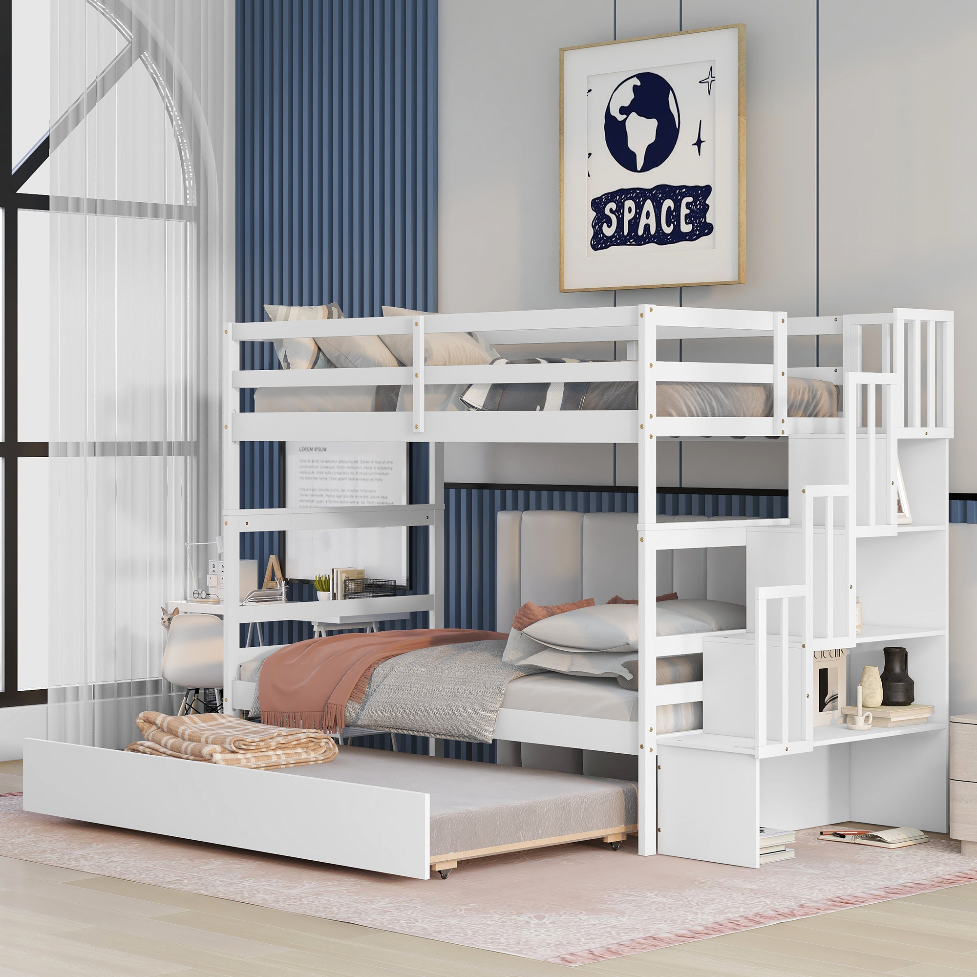 Twin over Twin Bunk Beds With Twin Trundle and Stairway Storage