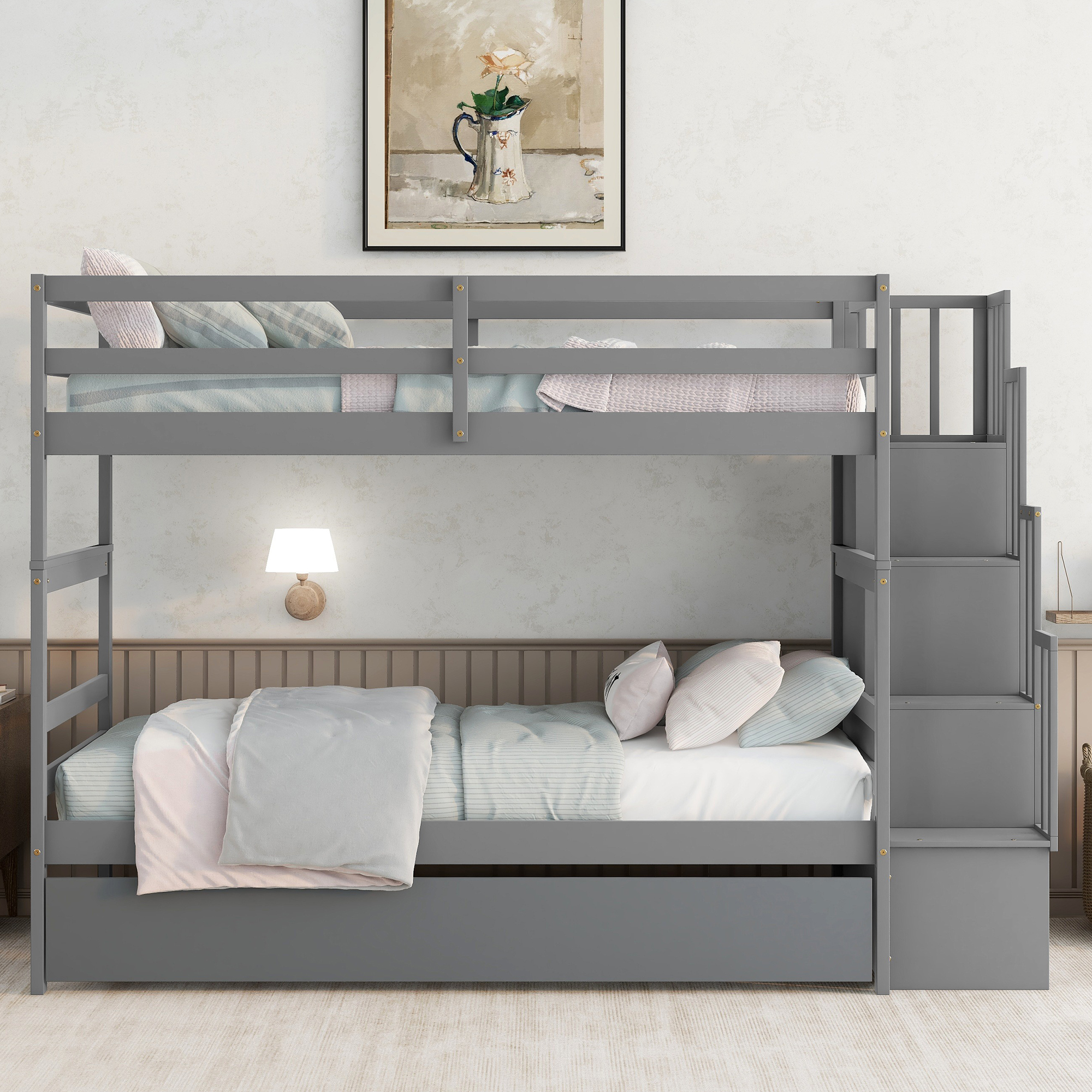 Twin over Twin Bunk Beds With Twin Trundle and Stairway Storage