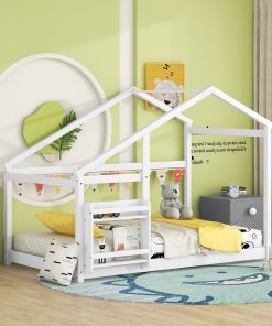 Twin Size Wooden House Bed With Shelf