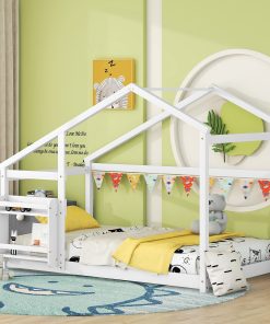 Twin Size Wooden House Bed With Shelf