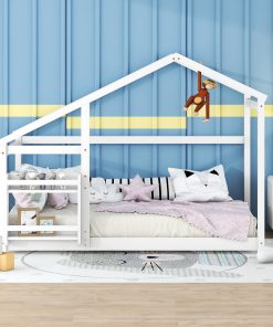 Twin Size Wooden House Bed With Shelf