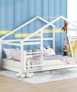 Twin Size Wooden House Bed With Shelf