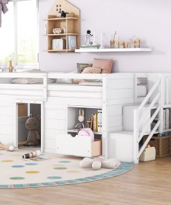 Solid Wood Twin Size Low Loft Bed With Stair, Drawer, and Shelf