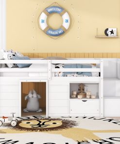 Solid Wood Twin Size Low Loft Bed With Stair, Drawer, and Shelf