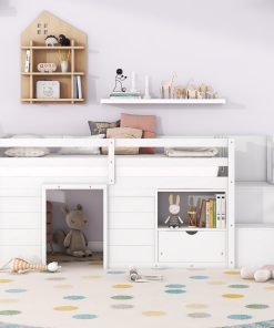 Solid Wood Twin Size Low Loft Bed With Stair, Drawer, and Shelf