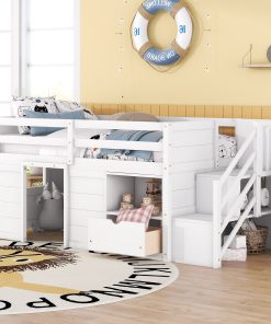 Solid Wood Twin Size Low Loft Bed With Stair, Drawer, and Shelf