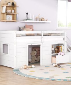 Solid Wood Twin Size Low Loft Bed With Stair, Drawer, and Shelf