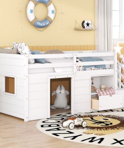 Solid Wood Twin Size Low Loft Bed With Stair, Drawer, and Shelf