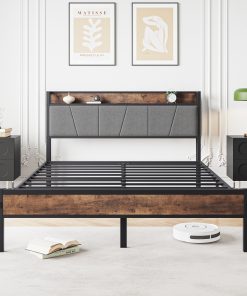 Metal & Wood Queen Size Platfrom Bed Frame