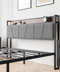 Metal & Wood Queen Size Platfrom Bed Frame