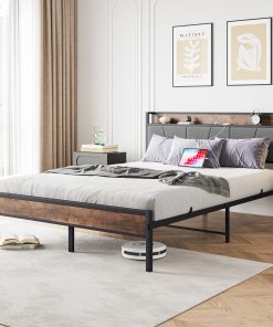 Metal & Wood Queen Size Platfrom Bed Frame