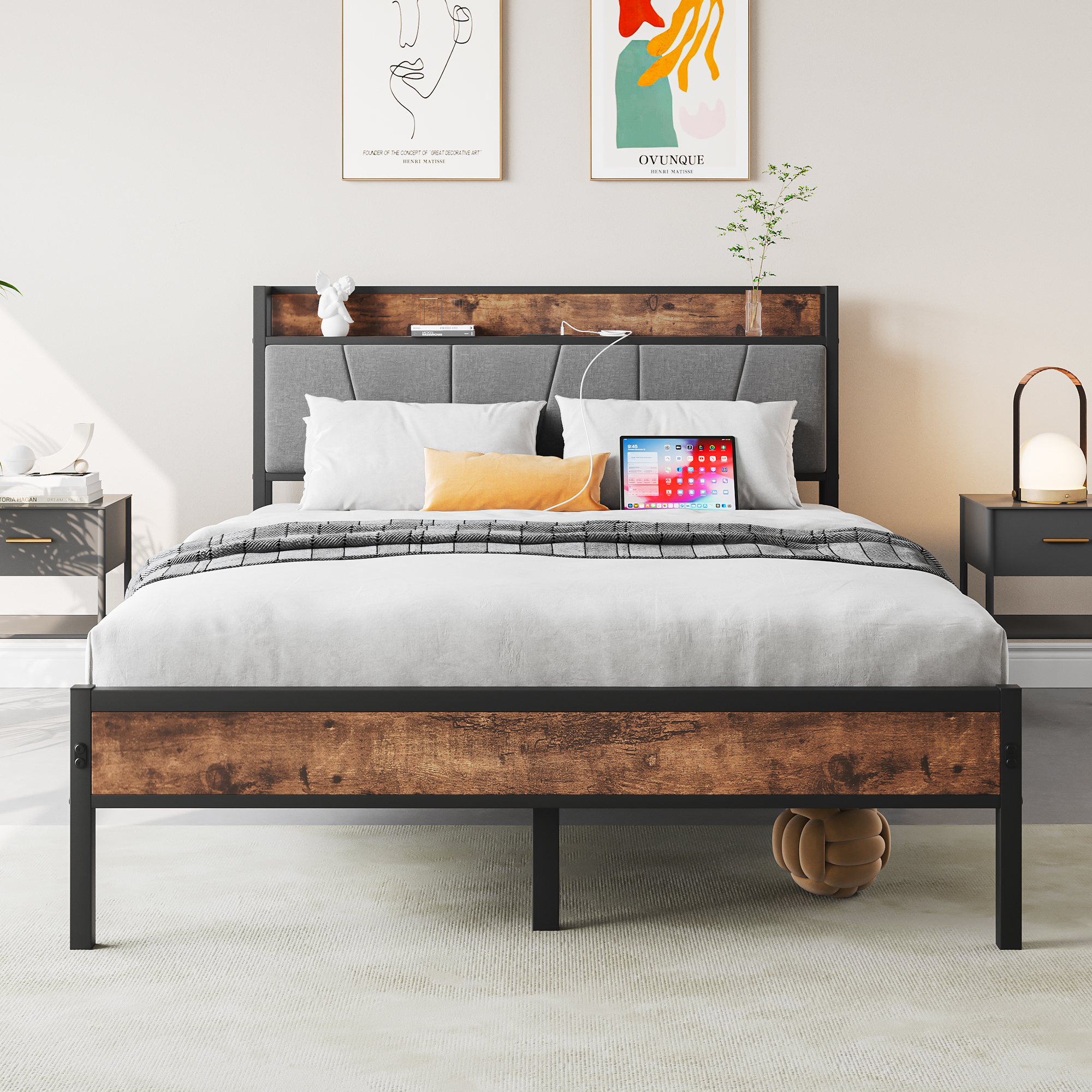 Metal & Wood Full Size Platfrom Bed Frame