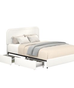 Queen Size Ivory Boucle Upholstered Platform Bed