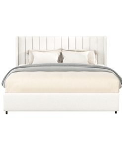 Queen Size Ivory Boucle Upholstered Platform Bed