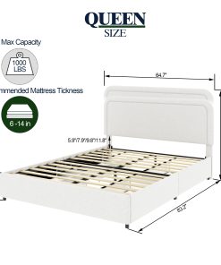 Queen Size Ivory Boucle Upholstered Platform Bed