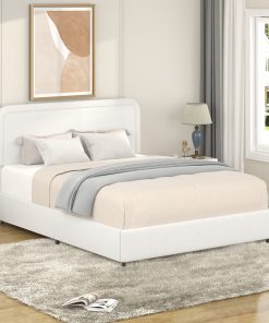 Queen Size Ivory Boucle Upholstered Platform Bed