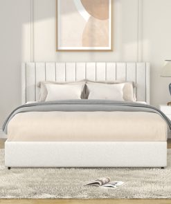 Queen Size Ivory Boucle Upholstered Platform Bed