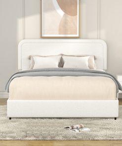 Queen Size Ivory Boucle Upholstered Platform Bed