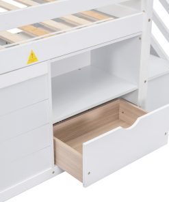 Solid Wood Twin Size Low Loft Bed With Stair, Drawer, and Shelf