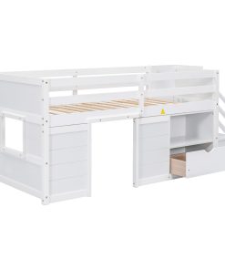 Solid Wood Twin Size Low Loft Bed With Stair, Drawer, and Shelf
