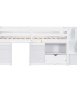 Solid Wood Twin Size Low Loft Bed With Stair, Drawer, and Shelf