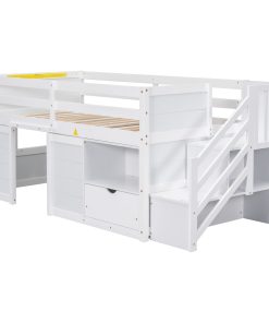 Solid Wood Twin Size Low Loft Bed With Stair, Drawer, and Shelf