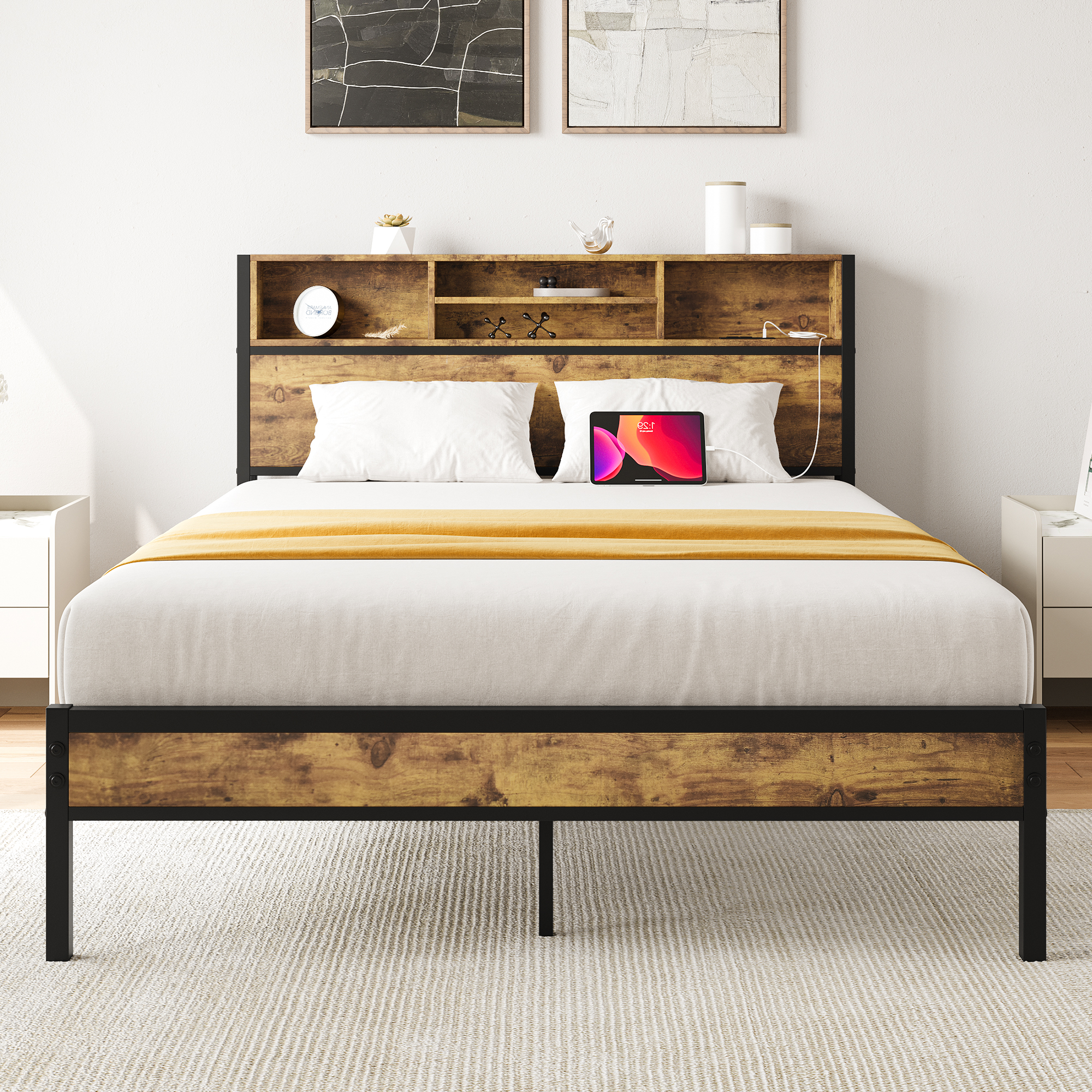 Full Size Bed Frame with Storage Headboard