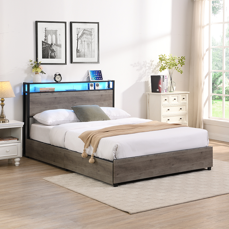 Full Size Platform Bed with Storage Headboard