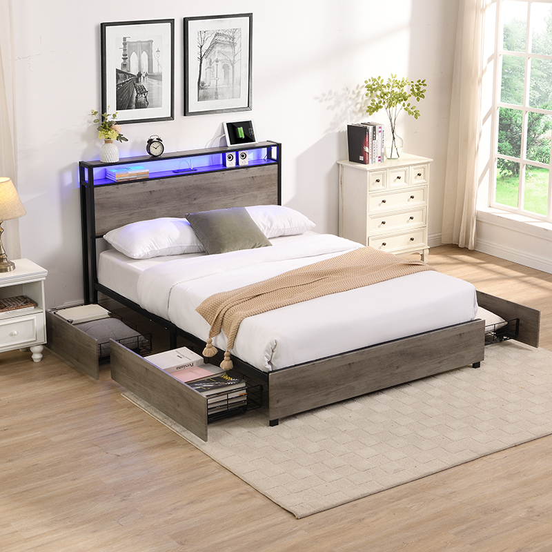 Full Size Platform Bed with Storage Headboard