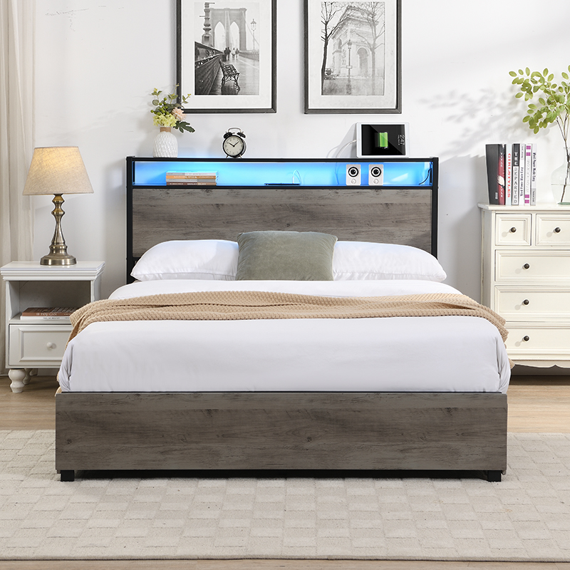 Full Size Platform Bed with Storage Headboard