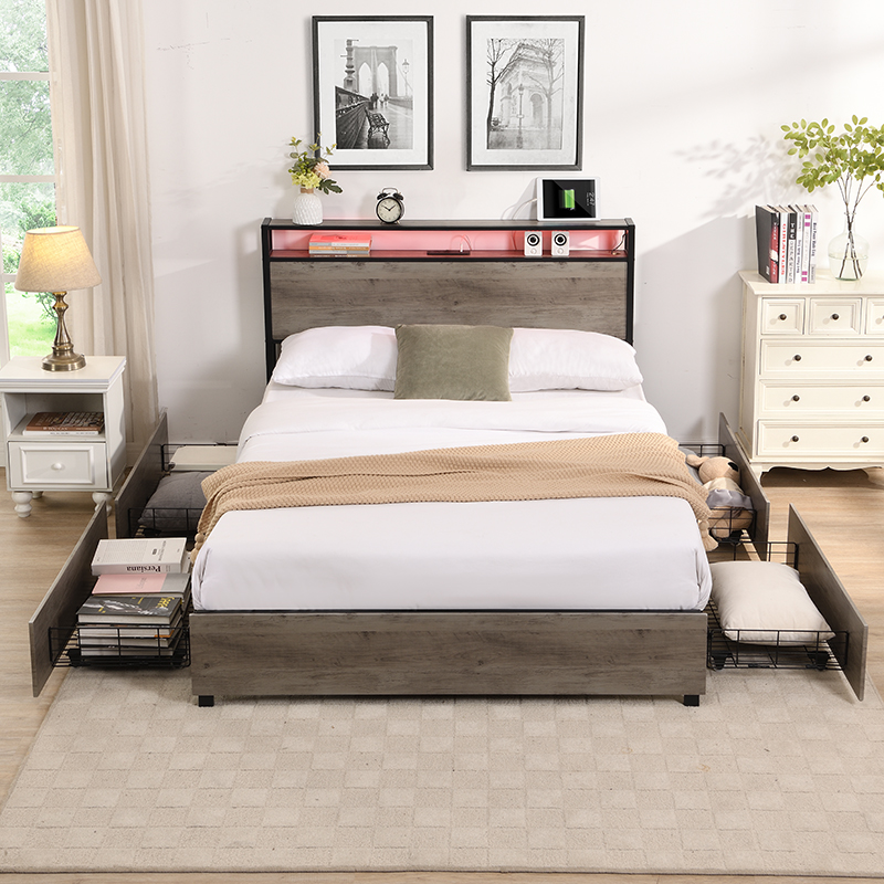 Full Size Platform Bed with Storage Headboard