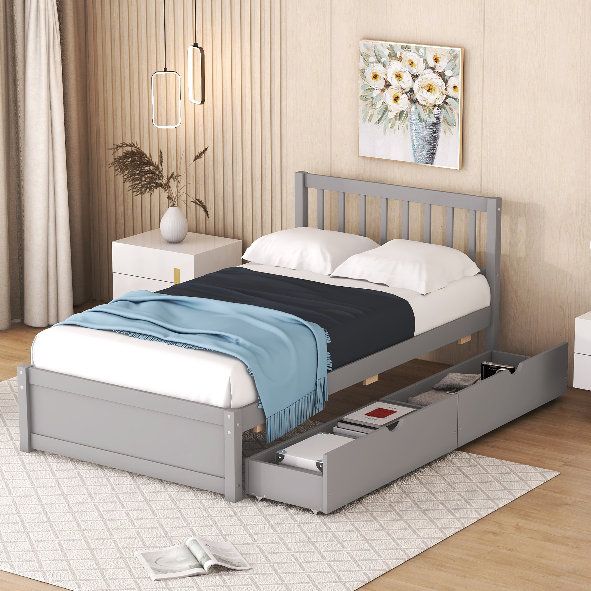 Wooden Twin Size Platform Bed with 2 Drawers