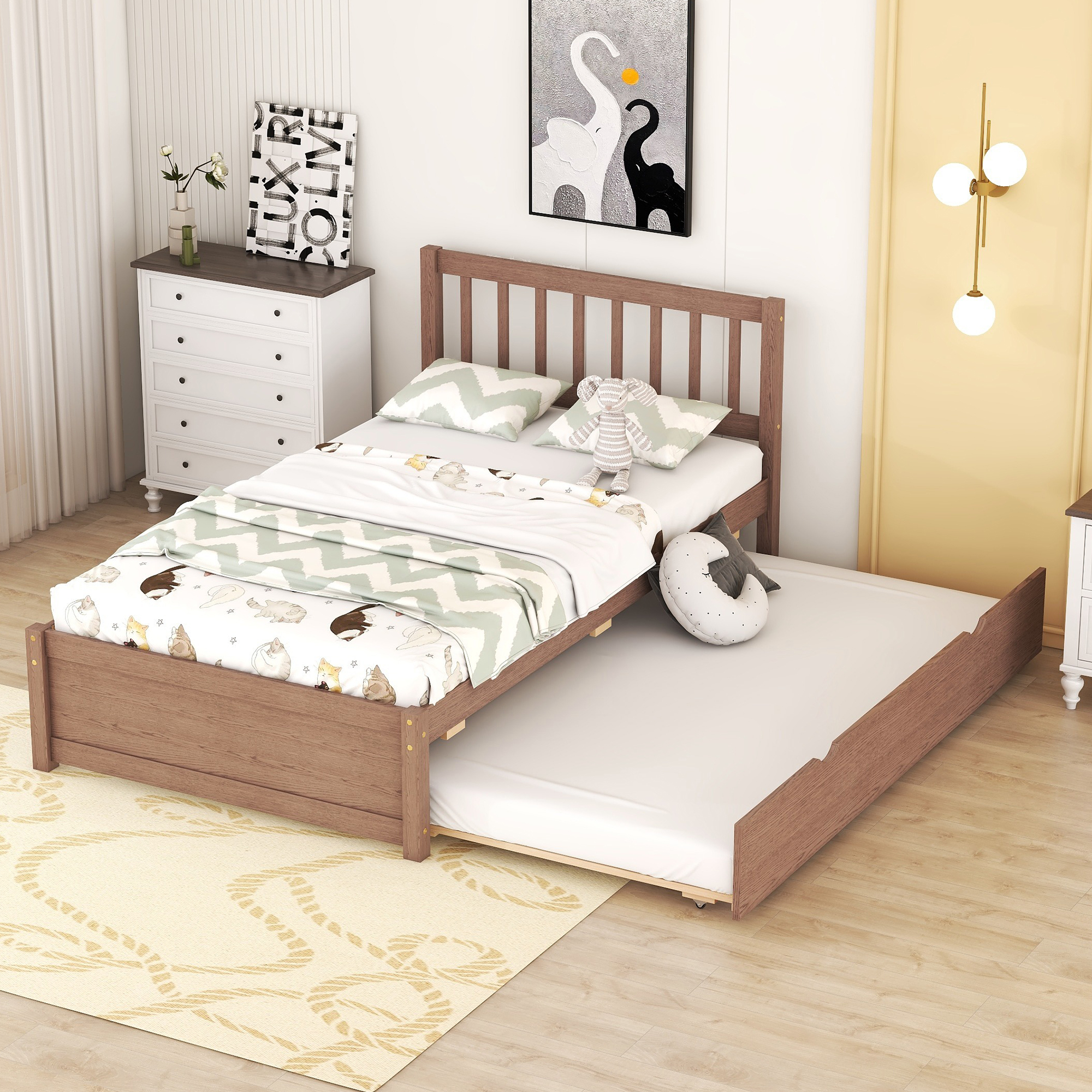 Modern Design Wooden Twin Size Platform Bed Frame with Trundle