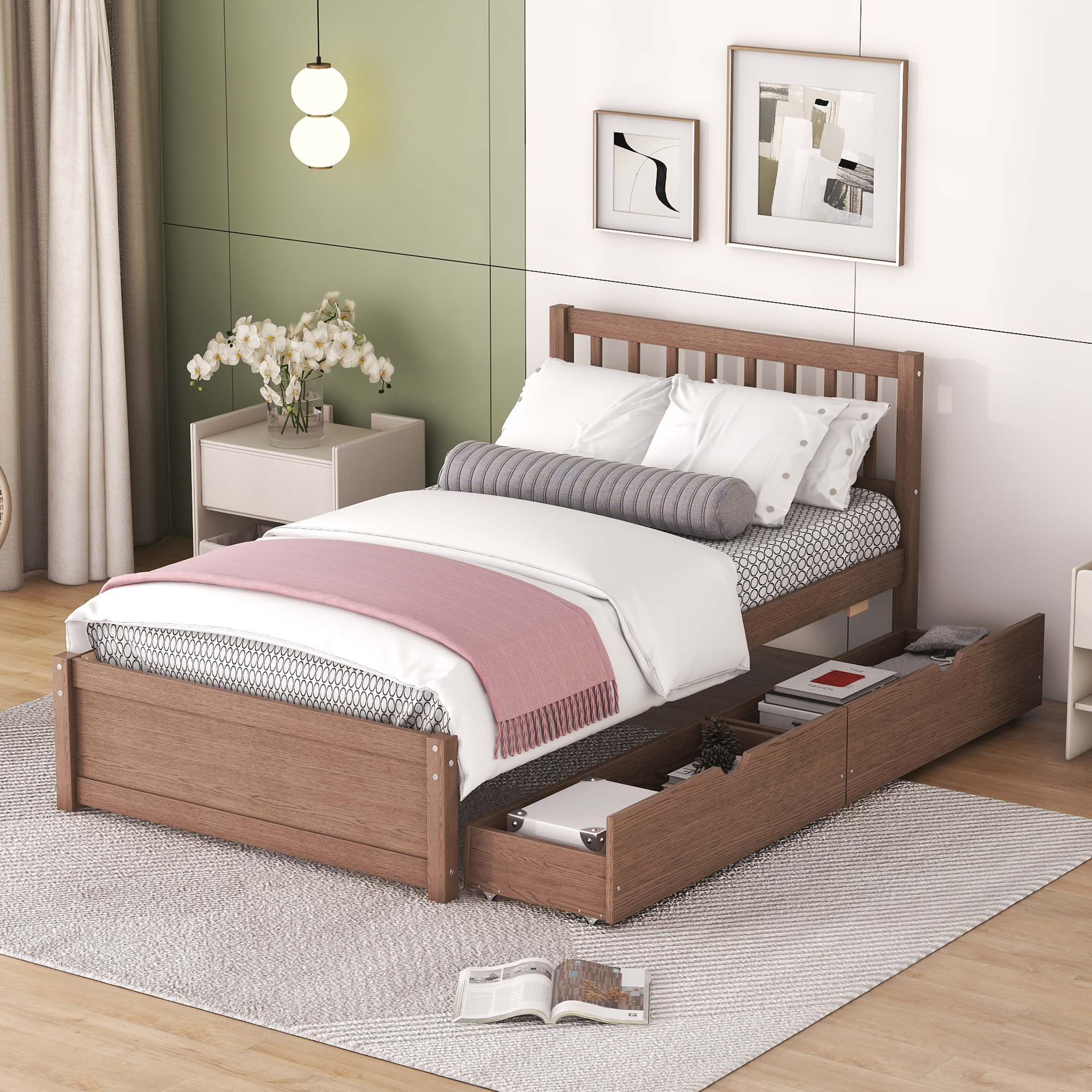 Wooden Twin Size Platform Bed with 2 Drawers