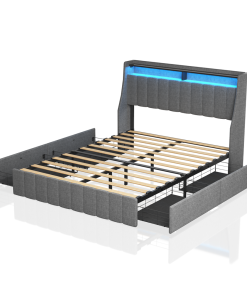 Full Size Bed Frame With LED, 4 Drawers
