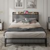 Full Size Bed Frame with Charging Station, Upholstered Headboard