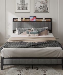 Full Size Bed Frame with Charging Station, Upholstered Headboard