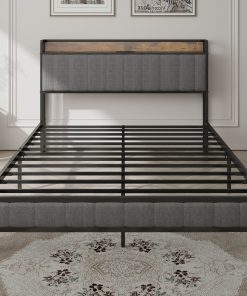 Full Size Bed Frame with Charging Station, Upholstered Headboard