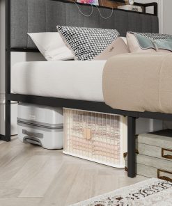 Full Size Bed Frame with Charging Station, Upholstered Headboard