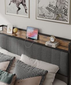 Full Size Bed Frame with Charging Station, Upholstered Headboard