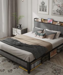 Full Size Bed Frame with Charging Station, Upholstered Headboard