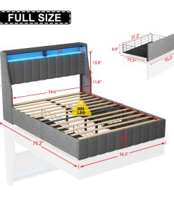 Full Size Bed Frame With LED, 4 Drawers