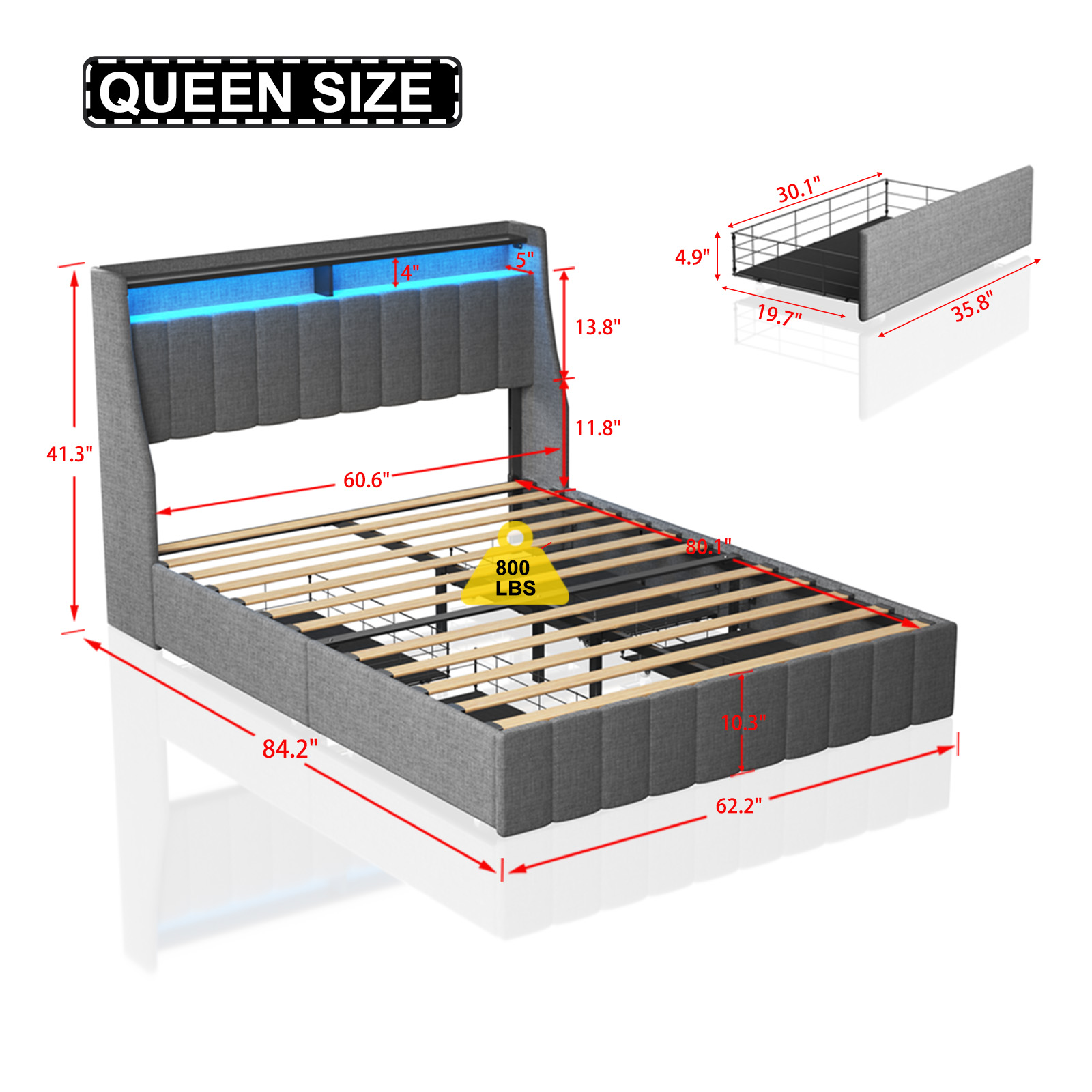 Queen Size Bed Frame With LED, 4 Drawers