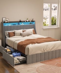 Full Size Bed Frame With LED, 4 Drawers