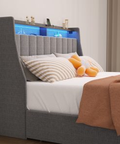 Full Size Bed Frame With LED, 4 Drawers