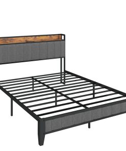 Full Size Bed Frame with Charging Station, Upholstered Headboard