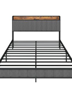 Queen Size Bed Frame with Charging Station, Upholstered Headboard