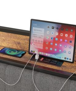 Full Size Bed Frame with Charging Station, Upholstered Headboard