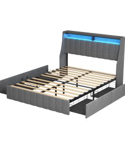Full Size Bed Frame With LED, 4 Drawers